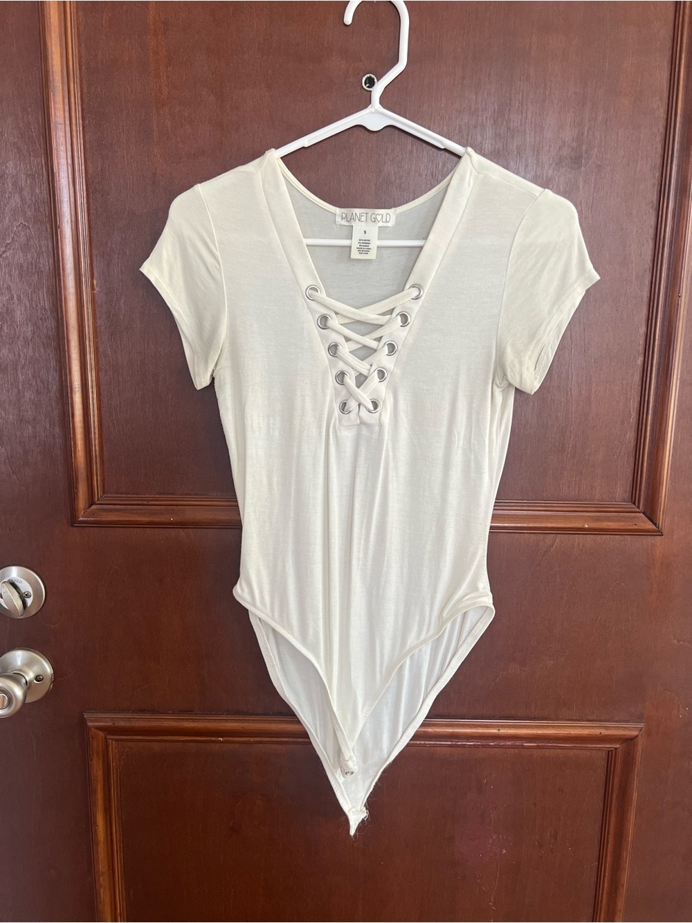 Cream Lace-Up V-Neck Short Sleeve Bodysuit